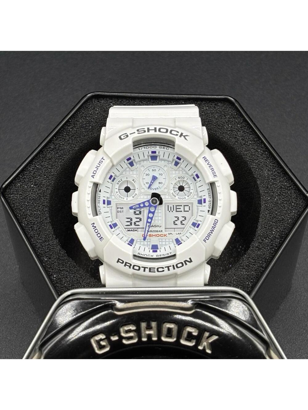 Casio G-Shock GA-100A-7A White Chronograph Watch Purple/Blue Accents With Tin